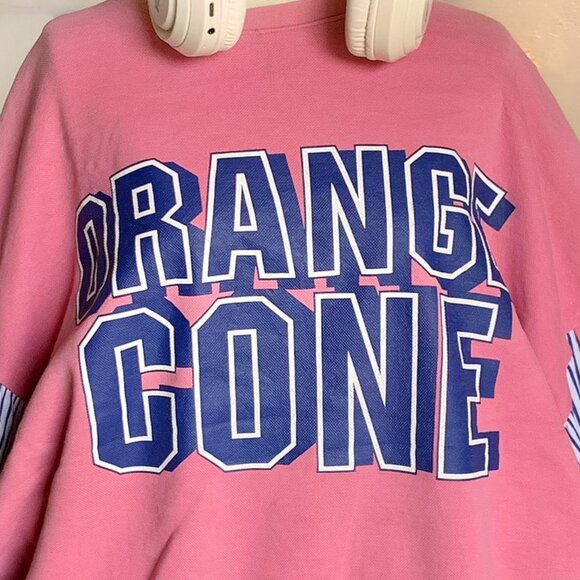 Orange Gone Pink Graphic Sweatshirt Striped Sleeves - Picture 2 of 4